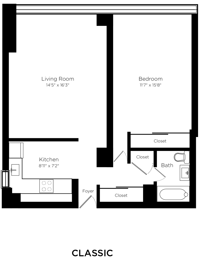 Floor plan for 1 bed, 1 bath, 640 sqft